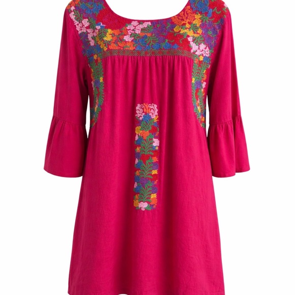 J Marie Dresses & Skirts - J Marie Linen Blend Vibrant Pink Floral Embroidered Tunic Shift Dress (Sz. S)